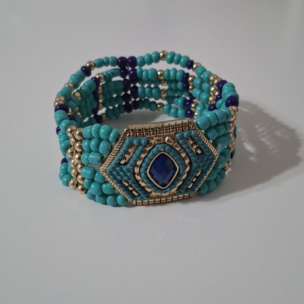 Gold Tone Cobalt Blue Rhinestone Stone Turquoise Seed Bead Stretch Bracelet